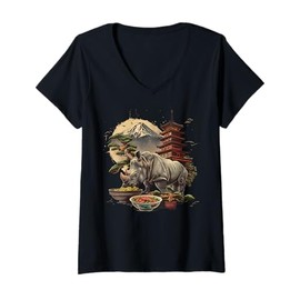 Womens Rhino Eating Ramen Noodles Pagoda Tower Mount Fuji Bonsai V-Neck T-Shirt