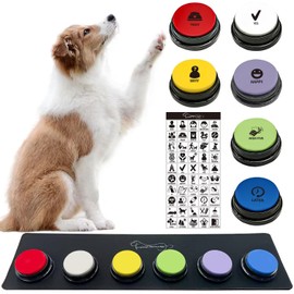 RIBOSY Set of 6 Recordable Buttons with Rubber Mat and 50 Training Stickers, Dog Buttons for Communication - Record& Playback Your Own Voice to Train Your Pet Voice What They Want