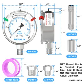 MEANLIN MEASURE 0~100Psi Heater Heavy Liquid Filled Pressure Gauge 1/4" NPT 2.5" FACE DIAL 316 Stainless Steel Joint Lower Mount for Pressure Portable Oil Fired Heaters, with Hex Bushing
