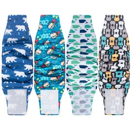 Washable Male Dog Diapers (4 Pack), Highly-Absorbent Belly Bands for Doggies Reusable Puppy Wraps, XL (Polar Bear, Monkey, Whales, Guitars)