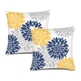 Navy Blue Yellow Pillow Covers 16x16 Inch 2 Pcs, Spring Summer Geometric Elegant Dahlia Decorative Throw Pillows, Flower Outdoor Decor Pillowcase Linen Square Cushion Cover Gift for Patio Couch Sofa