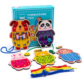 Promise Babe 5 Pack Animals Lacing Cards Wood Block Puzzle Threading Toys Montessori Toy Sewing Cards for Toddler Educational Preschool Toys…