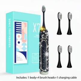 VFUIFRYI Electric Toothbrush for Woman Black Bling Diamond Decor Everyday Luxury Limited Edition Portable Travel Essentials for Women Black Toothbrush with 3 Replacement Heads 6 Modes