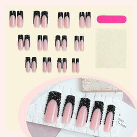 French Tip Press on Nail With Rhinestones False Nail Extra Long Coffin Nails Mirror Acrylic Reusable Full Cover Fake Nails for Women Girls
