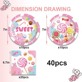 40Pcs Candyland Birthday Party Decorations - Candy Birthday Party or Baby Shower Decorations Candy Plates and Napkins Set for 20 Guests