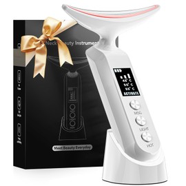 Facial Neck Massager Portable Charging Dock - 3 Heat Settings, Vibrating Face Massage, 9-Color LED Light & 72Hrs Battery | Home Spa Travel Skincare - White