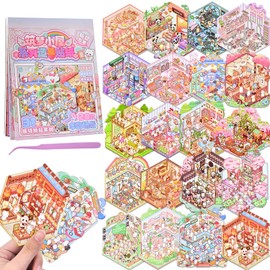 DIY 3D Fun Mini Animal House Scene Stickers Book with Tweezers Make Your Own Shop Amusement Park Sticker Scenes Cute Micro Stickers for Relief Stress Pass The Time(20 Designs)