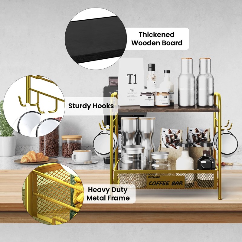 Coffee Bar Organizer for Countertop Station, Simple Assembly 2 Tier