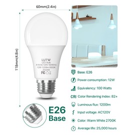 LUTW - Bombillas LED equivalentes a 100 W, foco LED estándar de 1200 lúmenes, base E26 de 12 W, color blanco frío 6000 K, no regulable, perfectas para iluminación de recámara y sala de estar, paquete