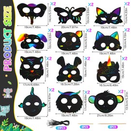 Pack of 24 Scratch Pictures Masks for Children, 12 Animals Scratch Painting Art Masks, Magic Scratch Masks, Rainbow Scratch Paper Set with 24 Elastic Cords, 12 Wooden Pens for Children's Birthday