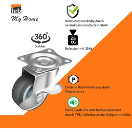 HRB Beach chair castor, furniture castor, load capacity 400 kg, set of 4, 40 mm castors with brake, 2+2