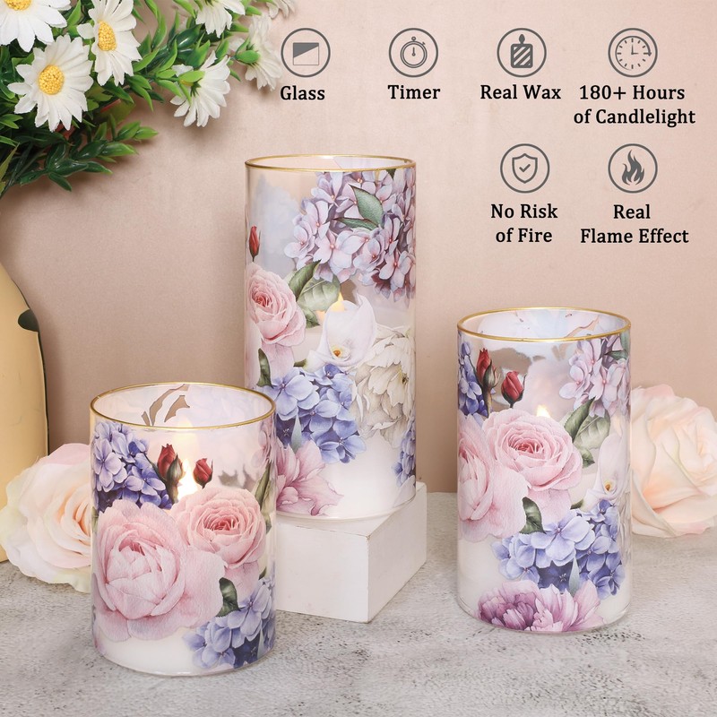 Silverstro Hydrangea Rose Flameless Candles with Remote Control & Timer