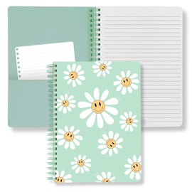 Steel Mill & Co Cute Mini Spiral Notebook, 8.25" x 6.25" Journal with Durable Hardcover and 160 Lined Pages, Green Daisy Smileys
