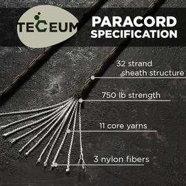 TECEUM Paracord Type IV 750 lb M – 100% Nylon Strong Tactical MIL–SPEC Parachute Cord – Survival Rope (Uabite, 100 ft)