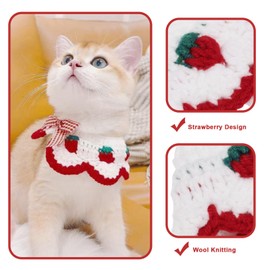 eMagTech 2PCS Cat Knitted Collar Neck Circumference 25-30CM Suitable for Cats Weighing 4.5-6KG with Cute Bow Tie and Strawberry Pattern for Cats Kitten Puppy (M)