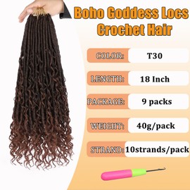 ZRQ 9 Packs Boho Faux Locs Crochet Hair 18 Inch Ombre Goddess Locs Croceht Braids, Pre Looped River Locs Crochet Hair with Curly Ends (18Inch, T30#)