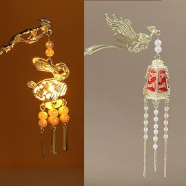 2 PCS Chinese Ancient Style Lantern Hair Stick, Rabbit Lantern Retro Palace Lantern Hairpin Hanfu Headdress Accessories