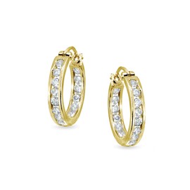 Sterling Silver 3mm Channel-Set Inside Out Cubic Zirconia Round Hoop Earrings, Options Available, Metal, Cubic Zirconia