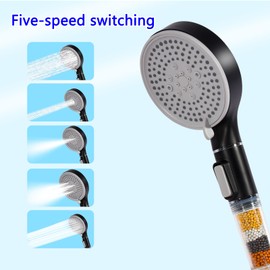 XIKAYA Filter Shower Head with Hose, Water-Saving Shower Head, 4 Layer Filtering and Additional Stones, 5-Level Water Outlet, Economy Shower Head for Hard Water