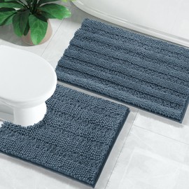 Yimobra Washable Bathroom Rugs Sets 2 piece, Non Slip and Absorbent Toilet Mat, Quick Dry, Luxury Microfiber Chenille Plush Fluffy Contour Bath Rugs for Toilet Base (Denim Blue, 17" x 24"+20" x 24.4")