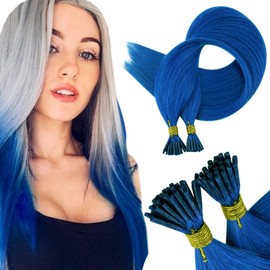 RUNATURE I Tip Extensions Real Hair Bonding 40 cm Blue Hair Extensions Bonding Real Hair Extensions Blue 25 Strands 16 Inches 20 g