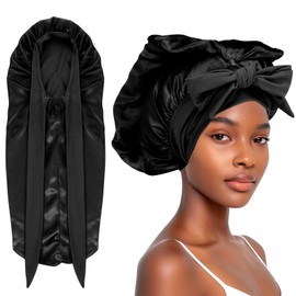 Abeillo Long Satin Braid Cap, Long Satin Hood with Buttons for Women, Large Silk Hood for Sleeping, Satin Hair Cap Night, Hood with Tie, Sleep Cap for Long Curly Hair, Braids (Black)