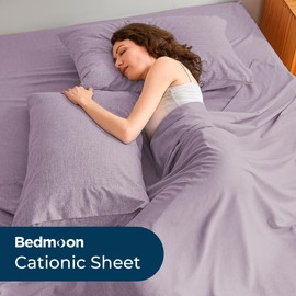 Bedmoon Linen Look Full Sheets, Cotton Like Soft Cationic Sheets, Luxury Deep Pockets Bedding Set with Elastic Corner Straps, Purple