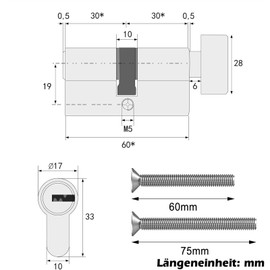 TAKUZA Lock Cylinder with Knob, 30/30 with 5 Brass Keys, Brass Lock Cylinder, Profile Knob Cylinder, Reversible Key, Cylinder Lock, Door Lock Replacement Accessories, Security Lock Front Door