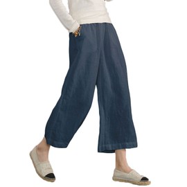 ECUPPER Womens Casual Loose Elastic Waist Cotton Trouser Cropped Wide Leg Pants Dark Blue 18