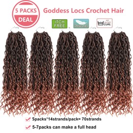 Ahrencan Copper Crochet Goddess Locs,5 Packs 14 Inch Pre looped Boho Goddess Locs Crochet Hair,Faux Locs Crochet Hair With Curly Ends,Hippie Locs Crotchet Hair For Black Women(14in,5pack T1B/350#)