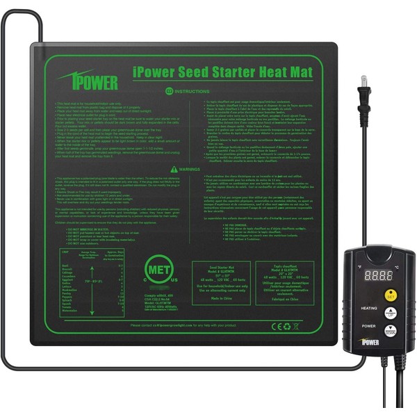 iPower Warm Hydroponic Seedling Heat Mat and Digital Thermostat Combo Set for Seed Germination, 20" x 20" & Control, Black