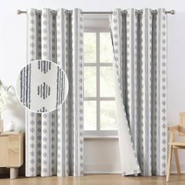 Melodieux Blackout Boho Curtains for Bedroom 84 Inch Length 2 Panels Set Blue on Beige Striped Pattern Cotton Bedroom Curtains Grommet Room Darkening Curtains for Living Room Thermal Insulated