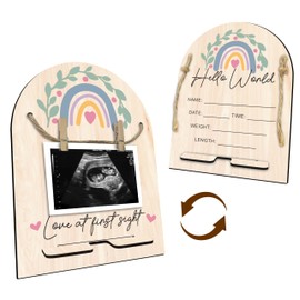 DYIRBIIY Hello World Baby Newborn Wooden Sign - Ultrasound Picture Frame With Stand - Double Sided Print Unfinished Baby Announcement Plaque - Hospital Nursery Milestone Board & Pregnancy Gift - A03