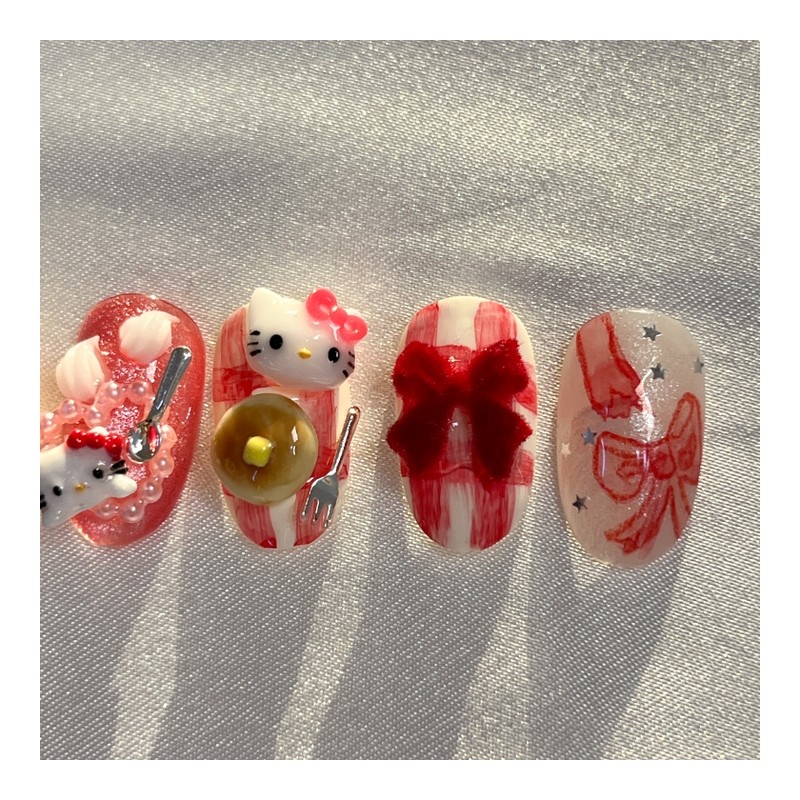 [Premium handmade embossed nail] Pancake cat - short oval /