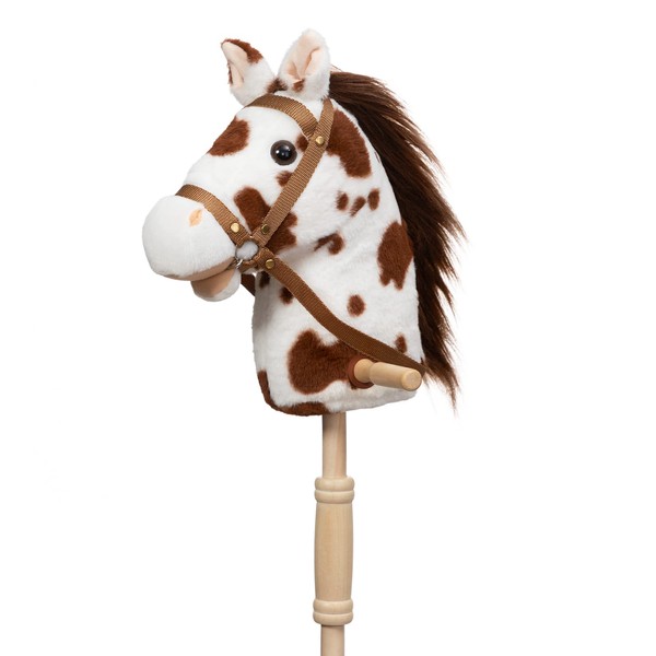 HollyHOME Outdoor Stick Horse with Wood Wheels Real Pony Neighing and Galloping Sounds Appaloosa Plush Toy 36 Inches(AA Batteries Required)