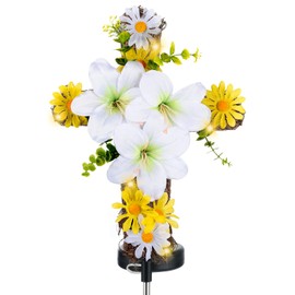 HFYZZ Easter Lily Cross Spring Garden Stake, Natural Rattan Lily Flower Solar Cross Metal Stake with Led Warm Lights for Easter Christian Holiday Party Decor Grave Gifts