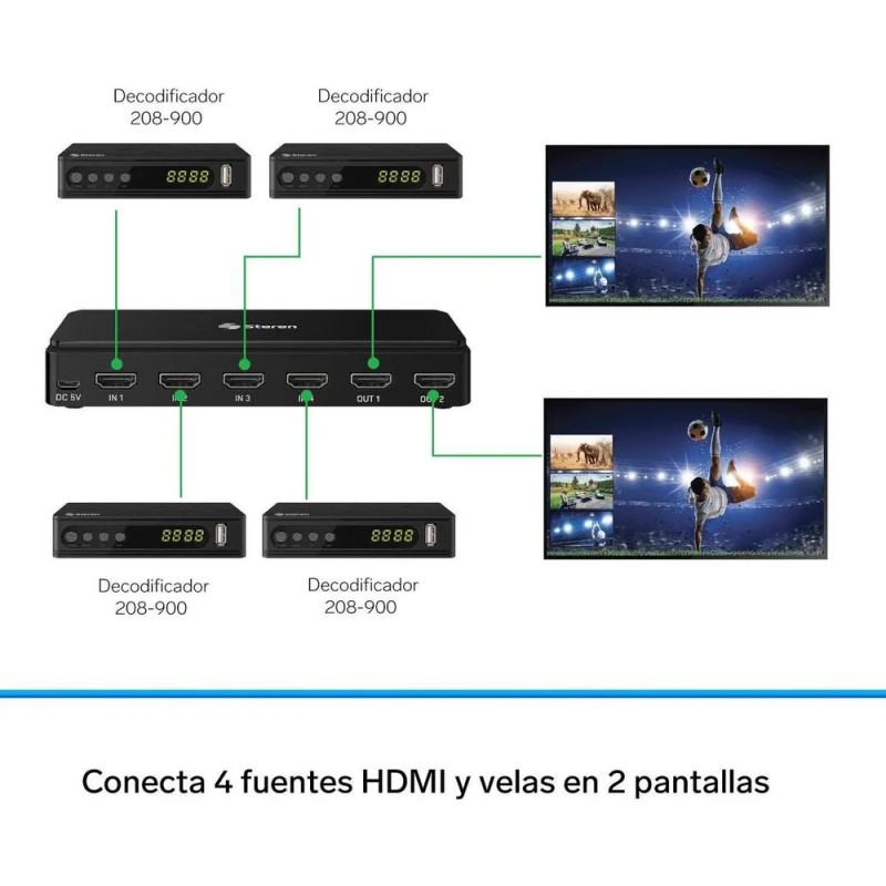 Steren Selector Hdmi 4k De 4 Entradas Y 2 Salidas,