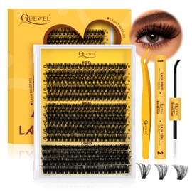 QUEWEL Lash Cluster Kit, 280pcs Cluster Lashes Kit 10-16mm D Individual Eyelashes, Eyelash Bond and Seal Waterproof, Lash-Tweezers East to Use for Beginner DIY Extensions at Home(RR-60+80+100D KIT)