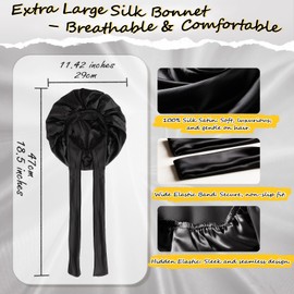 Pabbyeey Sleeping Cap Made of 100% Mulberry Silk, Large Silk Hood (16 Momme) for Sleeping, Breathable, with Adjustable Wide Band, Suitable for Long Hair and Curls (Black)