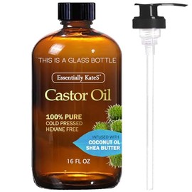 Castor Oil 16 Fl Oz (Glass Bottle) - Coconut Oil+Shea Butter - A Huge Glass Bottle with a Pump - 100% Pure and Natural, Cold Pressed, and Hexane-Free - Hair Oil, Body Oil