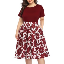 Plus Size Midi Dress Women Floral Burgundy Pockets Work Short Sleeve Red Graduation Skater Casual Summer Swing Dresses