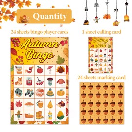 JUESMOS Fall Bingo Game 24 Players Autumn Bingo Cards Fall Thanksgiving Party Games for Kids Adults Family Activity Autumn Bingo Harvest Game Party Favors Classroom School Supplies