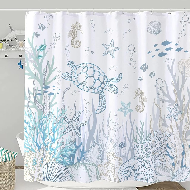 Nautical Coastal Turtle Shower Curtain, Coral Starfish Seashell Ocean Themed