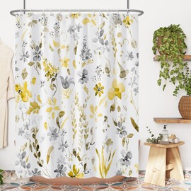 Yanutan Yellow Gray Floral Shower Curtain,Watercoor Flower Leaves Shower Curtain Set for Bathroom,Yellow and Gray Plants Fabric Bath Curtain with Hooks, 72x72in