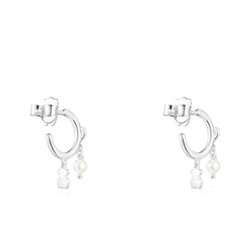 TOUS Aretes de Aro de Plata de Primera Ley para Mujer con Diámetro de 1,25 cm y Motivos de Oso, Corazón y Perla con Cierre de Presión, Elegante y Versátil, Colección Cool Joy