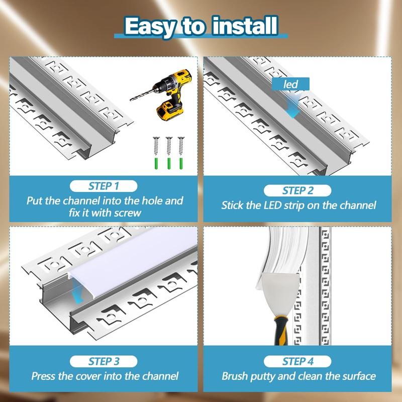 Glooglitter 10 Pack 6.6ft/ 2 Meter Plaster-in LED Channel Trimless