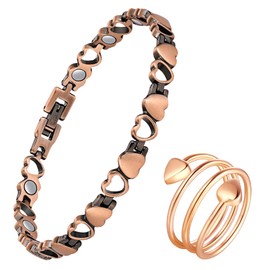 Feraco Copper Bracelet for Women 99.99% Solid Copper Magnetic Bracelets, Unique X Shape Links, Magnetic Field Therapy Jewelry Gifts (Heart Shape Bracelet with Ring)