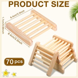 Amyhill 70 Pcs Bamboo Wood Soap Dish Bulk Bathroom Wooden Soap Holder Savers Self Draining Dishes Handcraft Tray, 3.3 x 3.3 x 0.67 Inch (Wood Color)