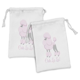 Ambesonne Ooh La La Fabric Pouch Set of 2, Poodle Interpretation with Typography Animal Lovers Theme Print, Small Drawstring Bag for Toiletries Masks and Favors, 9" x 6", Pale Mauve and Pale Taupe