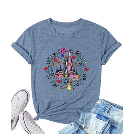 Floral Castle Shirts for Women Funny Tshirts Magic Kingdom Castle Graphic Tees Matching Family Vacation Fairy Shirt Womens Short Sleeves Tops Clothing,Ink Blue L